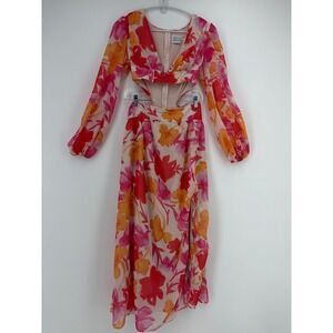 Hello Molly Floral Cut Out Maxi Dress Womens 4 Pink Orange Red Excellent Boho